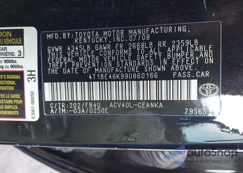 2009 Toyota Camry Le z USA, uszkodzony, nr VIN 4T1BE46K99U860166